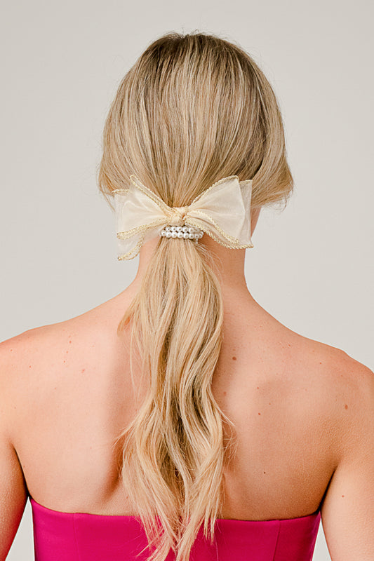 Gold Bow Pearl Hair Tie